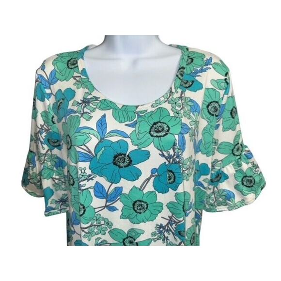 Juniper & Lime XL Top Green Blue Soft Stretch Floral Flare Bell Short Sleeves - Picture 3 of 5